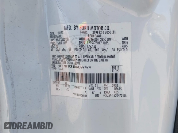 2013 Ford F-150 XL with VIN 1FTNF1CF4DKD97474, listed as a IAAI auction lot 42056335 with 150,132 mi miles. Bid and sale history available at carsss.com. Image 9.