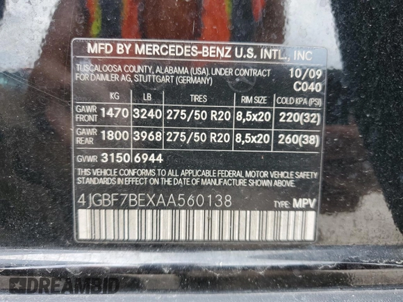 2010 Mercedes-Benz GL-Class GL 450 with VIN 4JGBF7BEXAA560138, listed as a Copart auction lot 76131424 with 0 mi miles and Salvage Title. Bid and sale history available at carsss.com. Image 14.