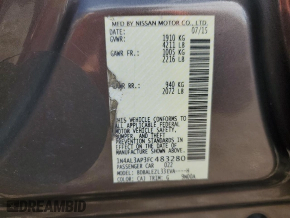2015 Nissan Altima S with VIN 1N4AL3AP3FC483280, listed as a Copart auction lot 52982465 with 147,256 mi miles and Clean Title. Bid and sale history available at DreamBid. Image 12.