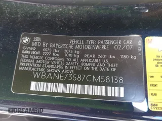 2007 BMW 5 Series 530i with VIN WBANE73587CM58138, listed as a IAAI auction lot 41776425 with 146,104 mi miles. Bid and sale history available at carsss.com. Image 9.