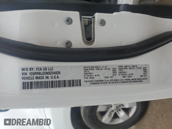 2022 Ram 1500 SLT with VIN 1C6RR6LG5NS234839, listed as a Copart auction lot 50659875 with 23,594 mi miles and Salvage title. Bid and sale history available at DreamBid. Image 12.