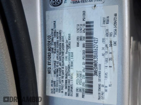 2010 Mercury Milan Hybrid with VIN 3MEDM0L38AR627427, listed as a Copart auction lot 43940895 with 46,161 mi miles and Salvage Title. Bid and sale history available at carsss.com. Image 12.