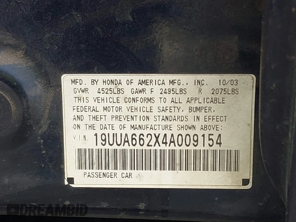 2004 Acura TL with VIN 19UUA662X4A009154, listed as a IAAI auction lot 42043934 with 215,830 mi miles. Bid and sale history available at carsss.com. Image 9.