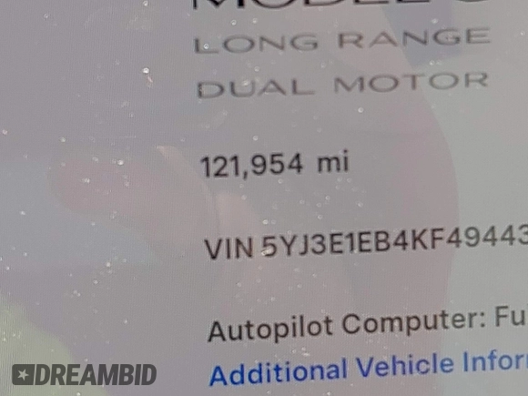 2019 Tesla Model 3 Long Range with VIN 5YJ3E1EB4KF494432, listed as a IAAI auction lot 42009327 with 121,954 mi miles and . Bid and sale history available at DreamBid. Image 15.