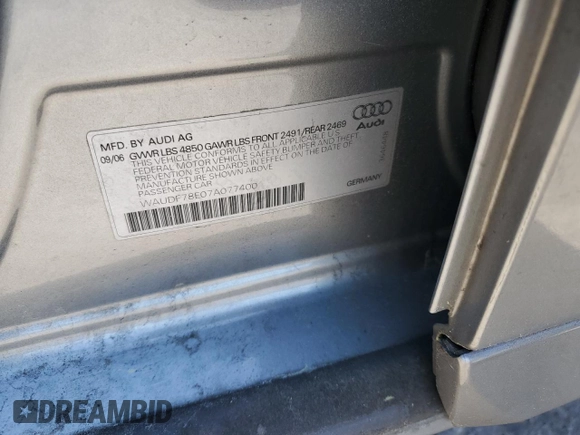 2007 Audi A4 2.0T with VIN WAUDF78E07A077400, listed as a Copart auction lot 50206845 with 99,157 mi miles and Salvage Title. Bid and sale history available at carsss.com. Image 12.