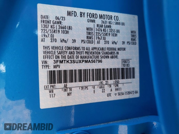 2023 Ford Mustang Mach-E Premium с VIN 3FMTK3SUXPMA56796, выставлен на аукционе Copart как лот 83476884 с пробегом 9 941 миль миль и Списание • Salvage title. История ставок и продаж доступна на DreamBid. Изображение 16.
