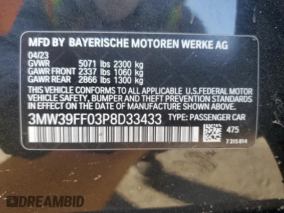 2023 BMW 3 Series 330e with VIN 3MW39FF03P8D33433, listed as a Copart auction lot 86197104 with 12,023 mi miles and Salvage Title. Bid and sale history available at carsss.com. Image 12.