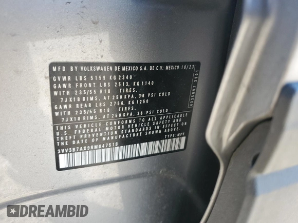 2024 Volkswagen Tiguan SE с VIN 3VV3B7AX9RM047518, выставлен на аукционе Copart как лот 49165045 с пробегом 34 501 миль миль и Списание • Salvage title. История ставок и продаж доступна на DreamBid. Изображение 16.