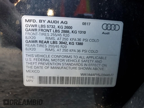 2018 Audi SQ5 Premium Plus with VIN WA1A4AFY5J2044507, listed as a Copart auction lot 83238274 with 46,801 mi miles and Salvage Title. Bid and sale history available at DreamBid. Image 13.