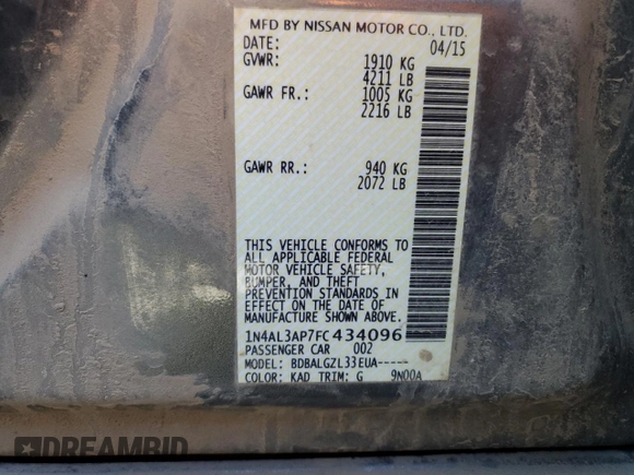 2015 Nissan Altima SL z VIN 1N4AL3AP7FC434096, wystawiony jako Copart lot #55161125 z przebiegiem 198 218 mil mil oraz Szkoda całkowita • Salvage title. Historia ofert i sprzedaży dostępna na DreamBid. Obrazek 13.