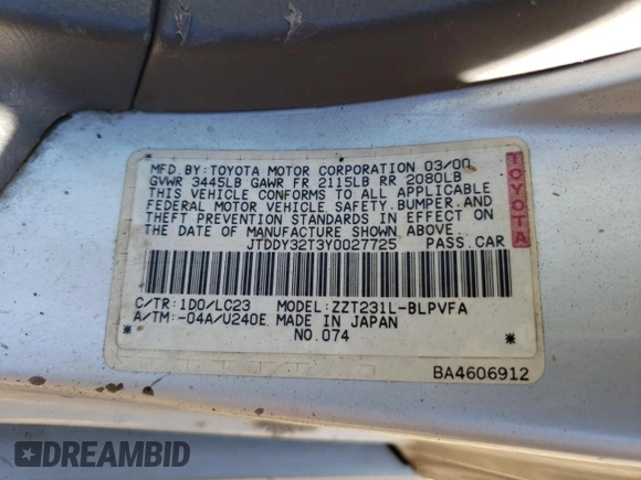 2000 Toyota Celica GTS with VIN JTDDY32T3Y0027725, listed as a Copart auction lot 73994954 with 187,042 mi miles and Salvage Title. Bid and sale history available at carsss.com. Image 14.