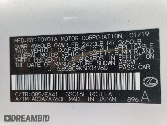 2019 Lexus RC with VIN JTHS85BC9K5004980, listed as a Copart auction lot 53319444 with 58,474 mi miles and Salvage Title. Bid and sale history available at carsss.com. Image 12.