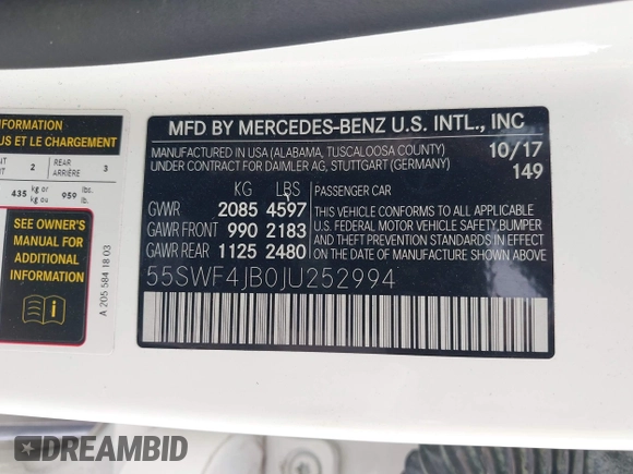 2018 Mercedes-Benz C 300 with VIN 55SWF4JB0JU252994, listed as a IAAI auction lot 42113897 with 72,533 mi miles and . Bid and sale history available at DreamBid. Image 9.
