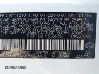 2015 Lexus IS 250 with VIN JTHBF1D21F5066351, listed as a IAAI auction lot 41824287 with 114,655 mi miles and . Bid and sale history available at carsss.com. Image 9.