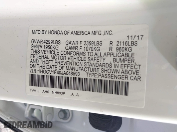 2018 Honda Accord EX with VIN 1HGCV1F40JA048593, listed as a IAAI auction lot 42572510 with 144,604 mi miles and . Bid and sale history available at DreamBid. Image 9.