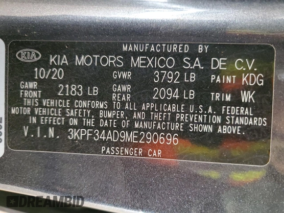 2021 Kia Forte GT-Line with VIN 3KPF34AD9ME290696, listed as a Copart auction lot 49180685 with 55,136 mi miles and Salvage Title. Bid and sale history available at carsss.com. Image 14.