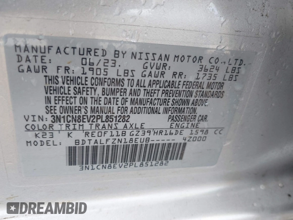 2023 Nissan Versa SV z VIN 3N1CN8EV2PL851282, wystawiony jako IAAI lot #41904319 z przebiegiem 41 651 mil mil oraz . Historia ofert i sprzedaży dostępna na DreamBid. Obrazek 9.