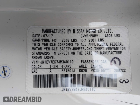2018 Infiniti Q60 Luxe with VIN JN1EV7EK7JM340110, listed as a IAAI auction lot 41549889 with 114,012 mi miles and . Bid and sale history available at DreamBid. Image 9.