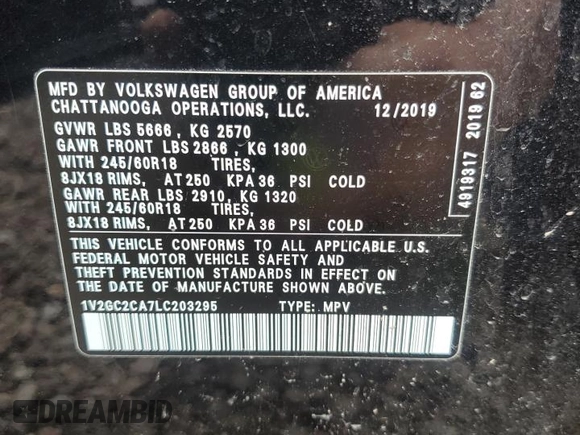 2020 Volkswagen Atlas S z VIN 1V2GC2CA7LC203295, wystawiony jako Copart lot #55988825 z przebiegiem 45 414 mil mil oraz Szkoda całkowita • Salvage title. Historia ofert i sprzedaży dostępna na DreamBid. Obrazek 13.