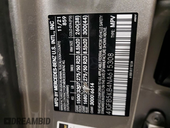 2022 Mercedes-Benz GLE 450 with VIN 4JGFB5KB4NA615308, listed as a Copart auction lot 44779325 with 60,422 mi miles and Salvage title. Bid and sale history available at DreamBid. Image 13.