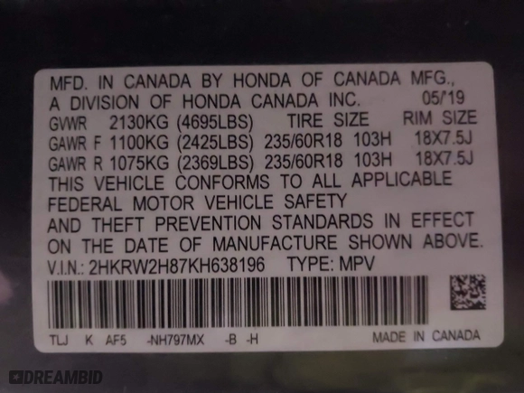 2019 Honda CR-V EX-L with VIN 2HKRW2H87KH638196, listed as a IAAI auction lot 41763821 with 89,994 mi miles. Bid and sale history available at carsss.com. Image 9.