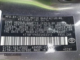 2014 Toyota Camry L with VIN 4T1BF1FK5EU403313, listed as a IAAI auction lot 42141338 with 185,925 mi miles and . Bid and sale history available at DreamBid. Image 9.