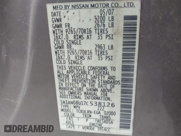 2007 Nissan Xterra X z VIN 5N1AN08U17C538126, wystawiony jako IAAI lot #41537928 z przebiegiem 180 677 mil mil oraz . Historia ofert i sprzedaży dostępna na DreamBid. Obrazek 9.