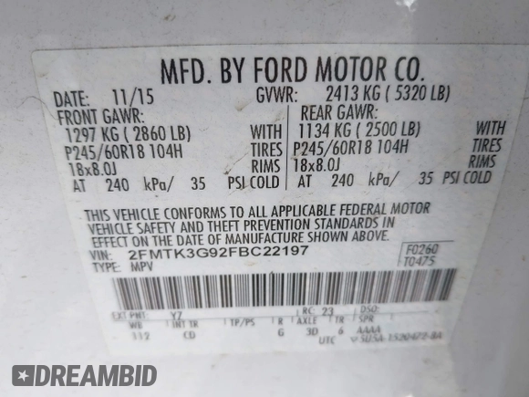 2015 Ford Edge SE z VIN 2FMTK3G92FBC22197, wystawiony jako IAAI lot #42578472 z przebiegiem 100 878 mil mil oraz . Historia ofert i sprzedaży dostępna na DreamBid. Obrazek 9.
