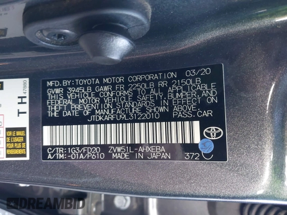 2020 Toyota Prius L Eco z VIN JTDKARFU9L3122010, wystawiony jako IAAI lot #41969655 z przebiegiem 76 250 mil mil oraz . Historia ofert i sprzedaży dostępna na DreamBid. Obrazek 9.