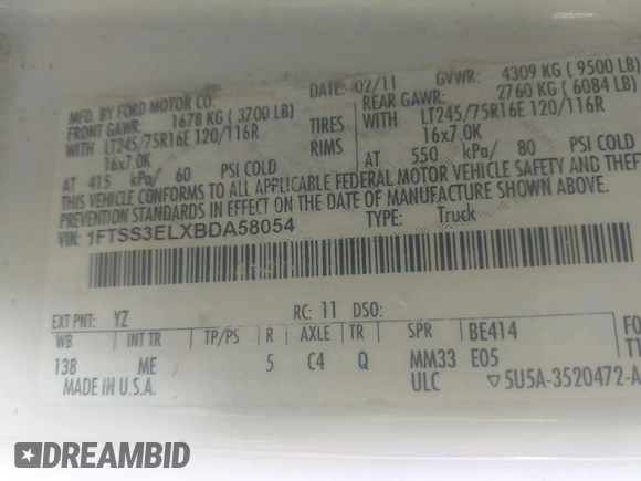 2011 Ford Econoline Cargo Commercial with VIN 1FTSS3ELXBDA58054, listed as a IAAI auction lot 42641162 with 103,413 mi miles and . Bid and sale history available at DreamBid. Image 9.