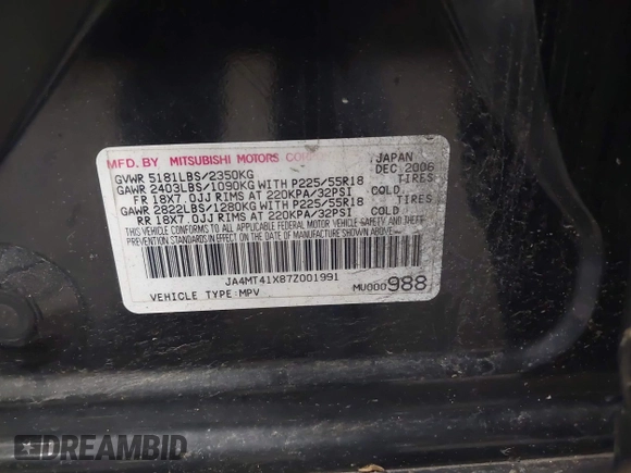 2007 Mitsubishi Outlander XLS z VIN JA4MT41X87Z001991, wystawiony jako IAAI lot #42200951 z przebiegiem 202 866 mil mil oraz . Historia ofert i sprzedaży dostępna na DreamBid. Obrazek 9.