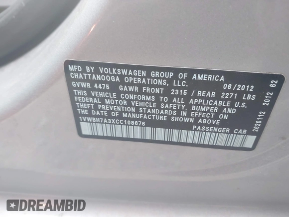 2012 Volkswagen Passat SE z VIN 1VWBH7A3XCC108676, wystawiony jako IAAI lot #41897380 z przebiegiem 94 066 mil mil oraz . Historia ofert i sprzedaży dostępna na DreamBid. Obrazek 9.