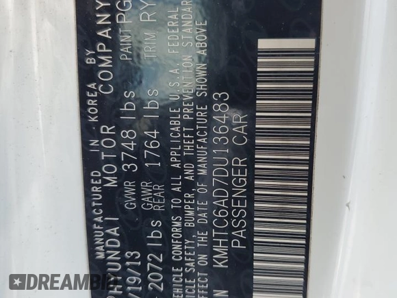 2013 Hyundai Veloster w/Gray Int with VIN KMHTC6AD7DU136483, listed as a Copart auction lot 56803725 with 159,794 mi miles and Salvage title. Bid and sale history available at DreamBid. Image 12.