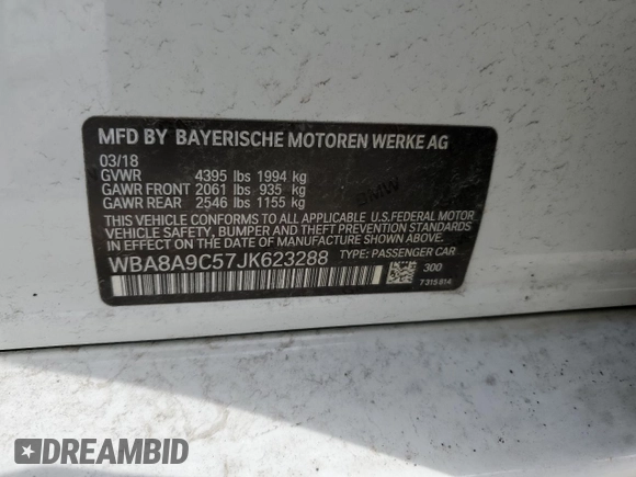 2018 BMW 3 Series 320i with VIN WBA8A9C57JK623288, listed as a Copart auction lot 46396775 with 80,561 mi miles and Salvage Title. Bid and sale history available at carsss.com. Image 13.