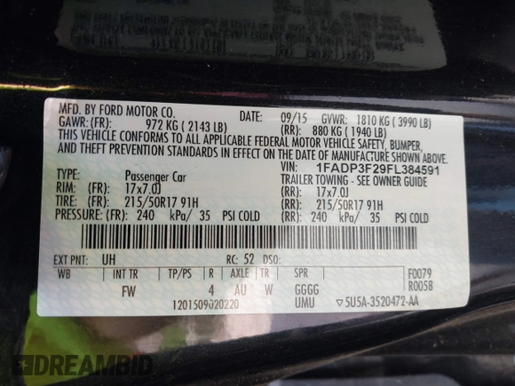 2015 Ford Focus SE with VIN 1FADP3F29FL384591, listed as a IAAI auction lot 42537981 with 49,735 mi miles and . Bid and sale history available at DreamBid. Image 9.