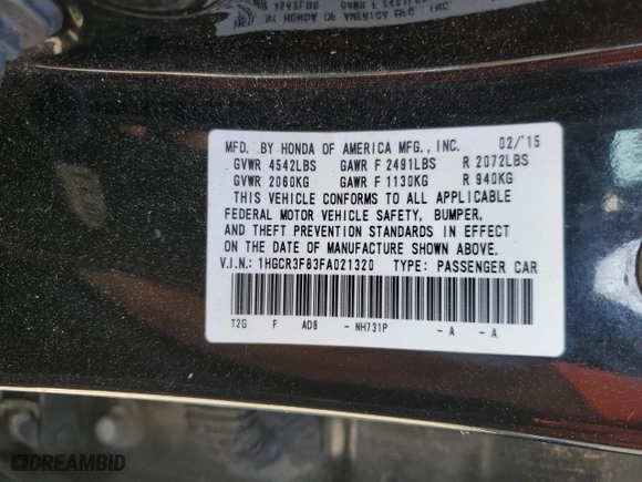2015 Honda Accord Sedan EX-L with VIN 1HGCR3F83FA021320, listed as a Copart auction lot 50491755 with 228,610 mi miles and Salvage Title. Bid and sale history available at carsss.com. Image 13.
