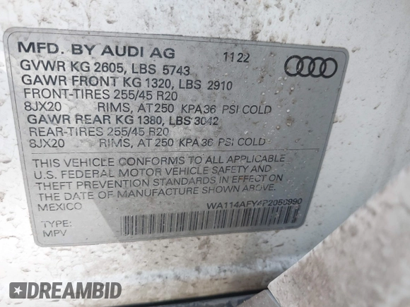 2023 Audi SQ5 Sportback Premium with VIN WA114AFY4P2058990, listed as a IAAI auction lot 41863958 with 55,000 mi miles and . Bid and sale history available at DreamBid. Image 9.
