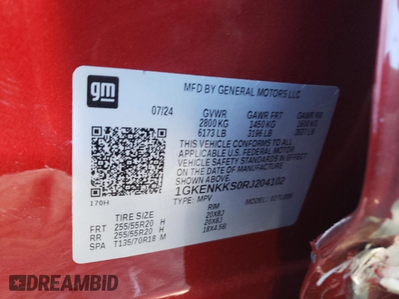 2024 GMC Acadia FWD Elevation z VIN 1GKENKKS0RJ204102, wystawiony jako Copart lot #80139374 z przebiegiem 830 mil mil oraz Szkoda całkowita • Salvage title. Historia ofert i sprzedaży dostępna na DreamBid. Obrazek 15.