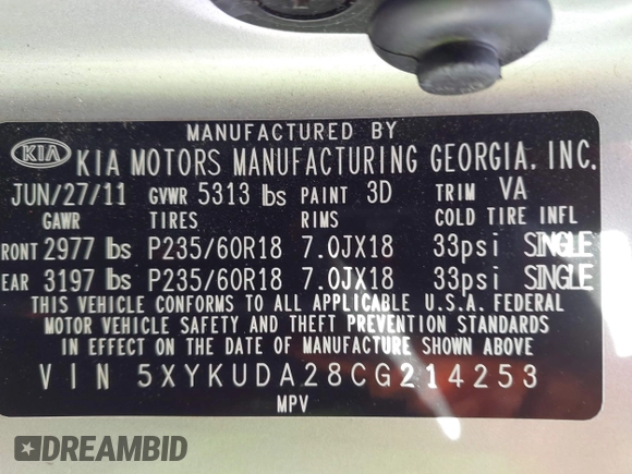 2012 Kia Sorento EX with VIN 5XYKUDA28CG214253, listed as a IAAI auction lot 41902079 with 160,943 mi miles. Bid and sale history available at carsss.com. Image 9.