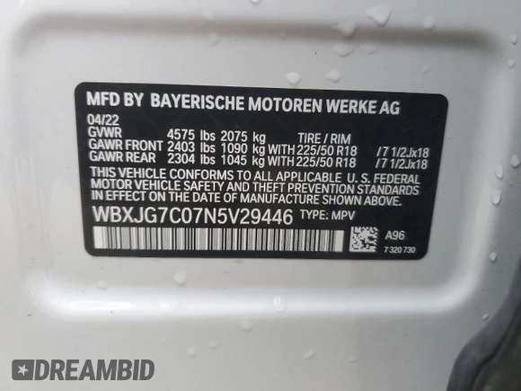 2022 BMW X1 sDrive28i with VIN WBXJG7C07N5V29446, listed as a Copart auction lot 88263585 with 46,234 mi miles and Salvage Title. Bid and sale history available at carsss.com. Image 14.