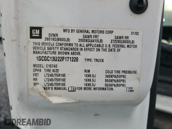 2002 Chevrolet Silverado 1500HD LS z VIN 1GCGC13U22F171228, wystawiony jako Copart lot #78829784 z przebiegiem 171 245 mil mil oraz Szkoda całkowita • Salvage title. Historia ofert i sprzedaży dostępna na DreamBid. Obrazek 12.