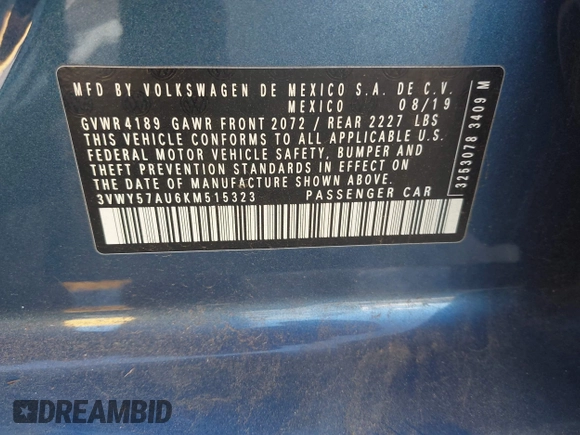 2019 Volkswagen Golf S z VIN 3VWY57AU6KM515323, wystawiony jako IAAI lot #42397800 z przebiegiem 54 612 mil mil oraz . Historia ofert i sprzedaży dostępna na DreamBid. Obrazek 9.