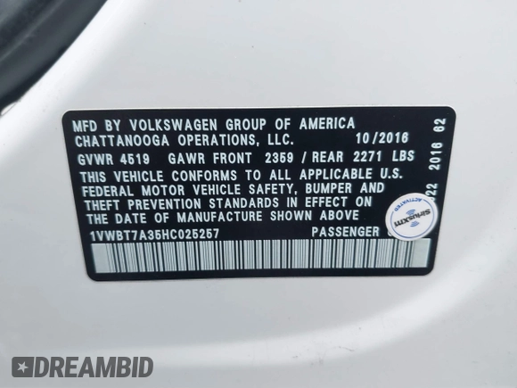 2017 Volkswagen Passat SE with VIN 1VWBT7A35HC025257, listed as a IAAI auction lot 41104637 with 48,066 mi miles and . Bid and sale history available at DreamBid. Image 9.