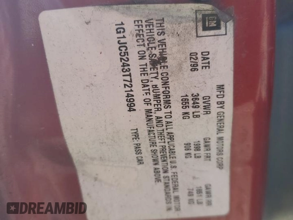 1996 Chevrolet Cavalier z VIN 1G1JC5243T7214994, wystawiony jako Copart lot #52230744 z przebiegiem 195 283 mil mil oraz Nie do naprawy • Non repairable. Historia ofert i sprzedaży dostępna na DreamBid. Obrazek 12.