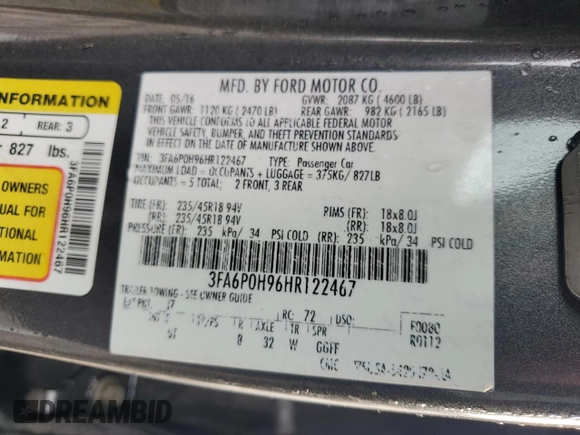 2017 Ford Fusion SE with VIN 3FA6P0H96HR122467, listed as a Copart auction lot 50746185 with 142,308 mi miles and Salvage Title. Bid and sale history available at DreamBid. Image 13.