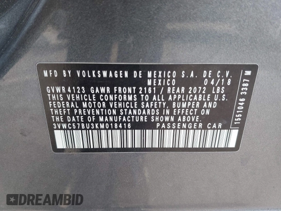 2019 Volkswagen Jetta S with VIN 3VWC57BU3KM018416, listed as a IAAI auction lot 42012423 with 117,832 mi miles and . Bid and sale history available at DreamBid. Image 9.