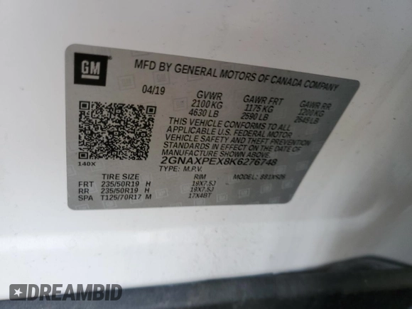 2019 Chevrolet Equinox Premier with VIN 2GNAXPEX8K6276748, listed as a Copart auction lot 52823745 with 90,163 mi miles and Salvage title. Bid and sale history available at DreamBid. Image 13.