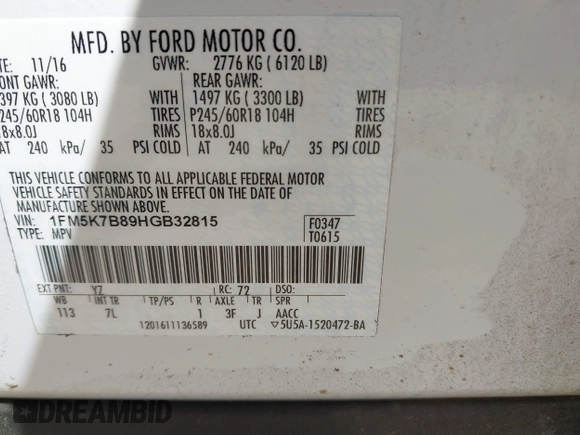 2017 Ford Explorer with VIN 1FM5K7B89HGB32815, listed as a IAAI auction lot 41710344 with 59,601 mi miles and . Bid and sale history available at DreamBid. Image 9.