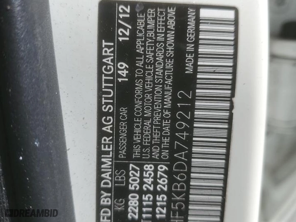 2013 Mercedes-Benz E-Class E 350 Luxury with VIN WDDHF5KB6DA749212, listed as a Copart auction lot 46128475 with 0 mi miles and Salvage Title. Bid and sale history available at carsss.com. Image 13.