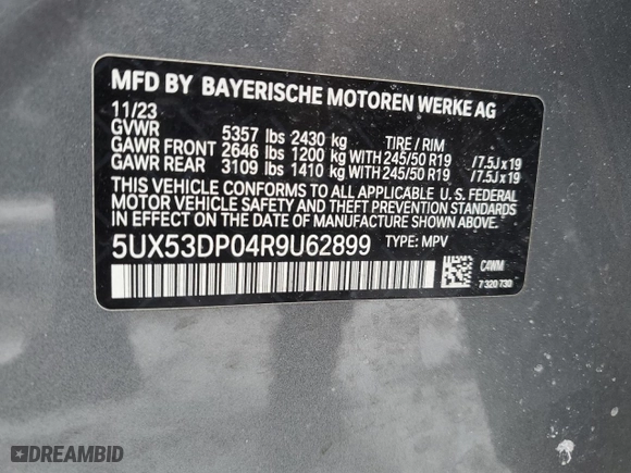 2024 BMW X3 xDrive30i with VIN 5UX53DP04R9U62899, listed as a Copart auction lot 44130515 with 14,156 mi miles and Salvage Title. Bid and sale history available at carsss.com. Image 13.